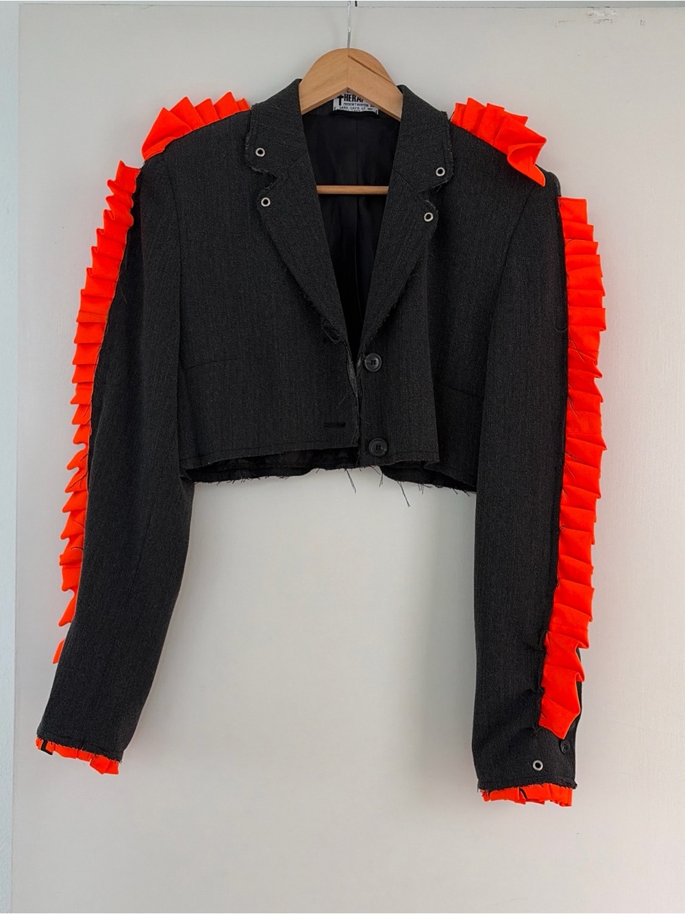 Dark Gray Cropped Recycled Blazer with Orange Ruffle Trim